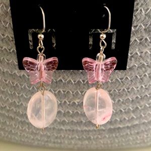 Pink butterfly and quartz stone handmade earrings